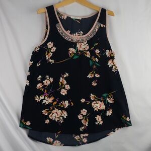 Le Lis Floral and Black Tank Blouse with Jewels, Pink Trim, Size Small